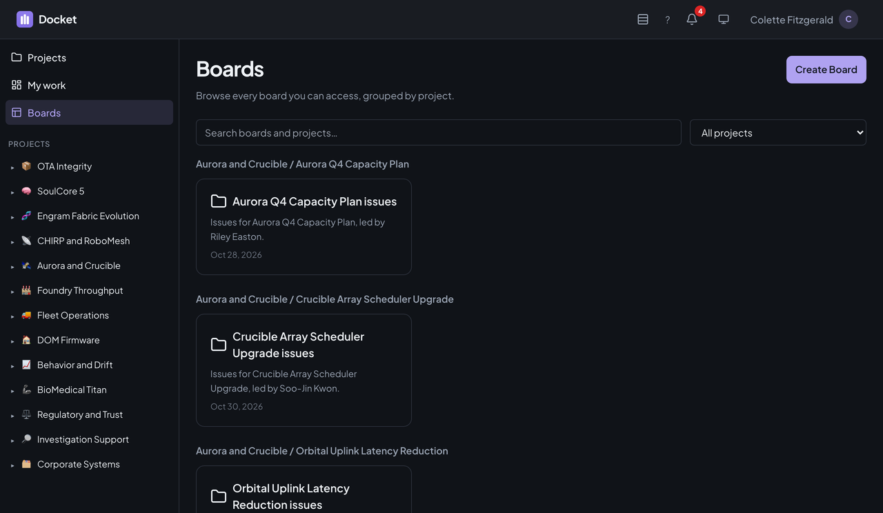 The Boards page with a Create Board button, a search box, a project filter, and boards grouped by project.
