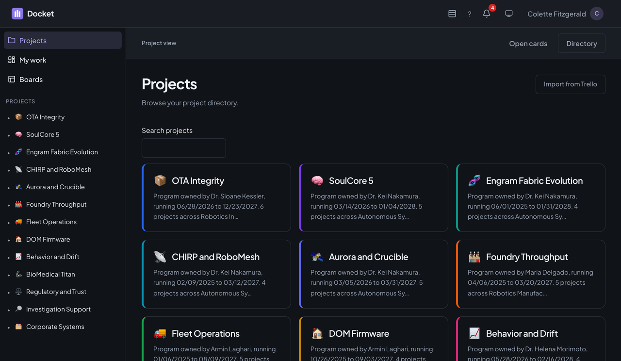 Docket's Directory page listing the same projects as plain cards, with a search box and an Import from Trello button.