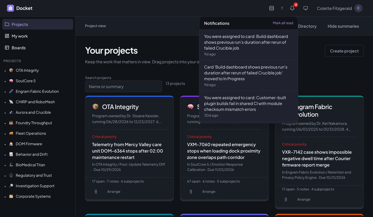Docket's Open cards page with the notifications panel open, listing task assignments and a card move.
