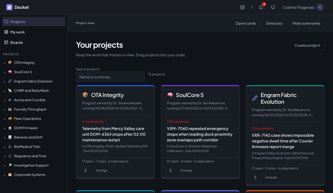 Docket's Open cards page: thirteen project cards, each with an icon, a summary, the most urgent open task and why it was chosen, and counts of open tasks, notes, and subprojects.