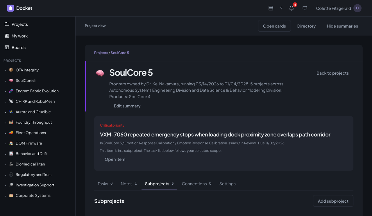 The Subprojects tab of a project showing five nested project cards with their summaries, flagged tasks, and counts.