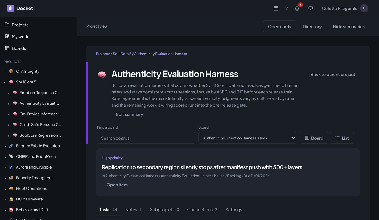 A Docket project workspace on its Tasks tab, with the project's summary, its most urgent task, tabs for Tasks, Notes, Subprojects, Connections, and Settings, and a list of active tasks.