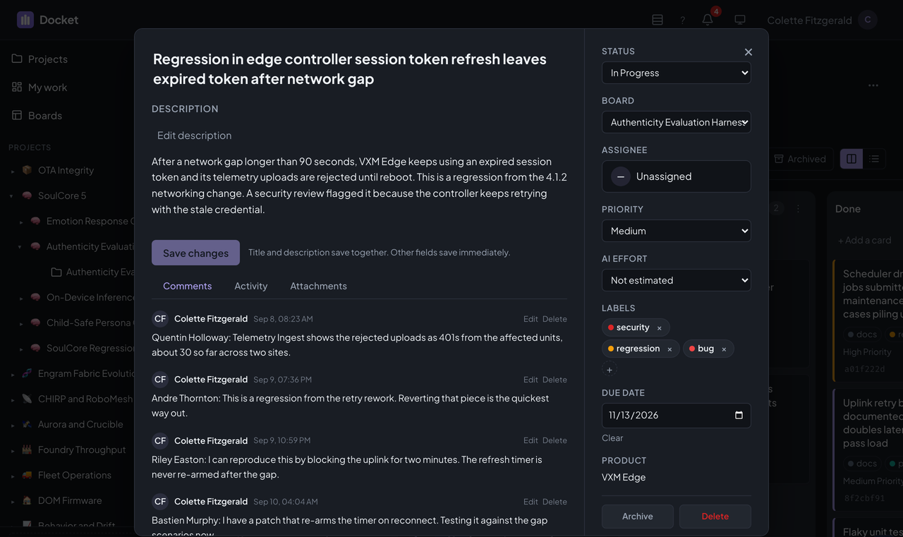 A task dialog over the board with the description, a Save changes button, comment, activity, and attachment tabs, a side panel of status, assignee, priority, AI effort, labels, and due date, and four comments.