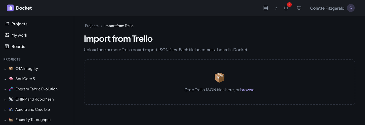 The Import from Trello page with a dashed drop zone for Trello JSON files.